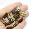 14x9mm Brown beige Czech glass leaves, black wash, 15pc