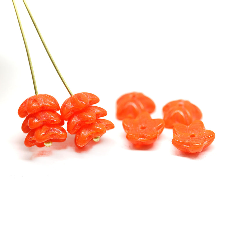 10mm Dark orange Flower beads, czech glass bell caps 10Pc