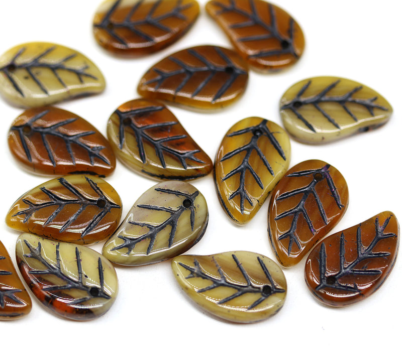 14x9mm Brown beige Czech glass leaves, black wash, 15pc