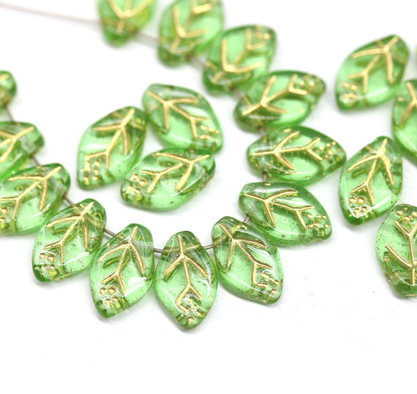 12x7mm Green leaf beads Golden inlays Czech glass pressed, 30Pc