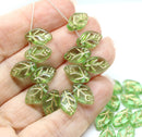 12x7mm Green leaf beads Golden inlays Czech glass pressed, 30Pc