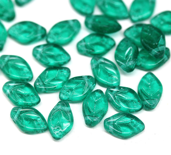 12x7mm Teal leaf beads Czech glass pressed, 30Pc
