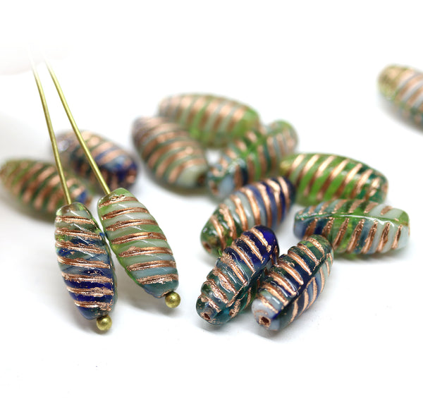 14x7mm Blue green long barrel czech glass beads copper wash, 15Pc