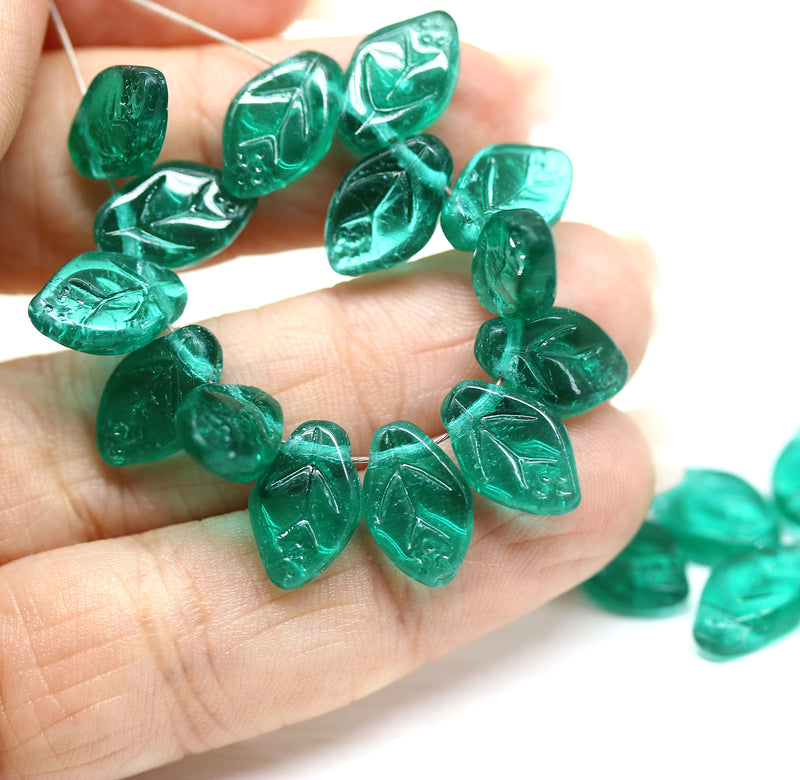 12x7mm Teal leaf beads Czech glass pressed, 30Pc