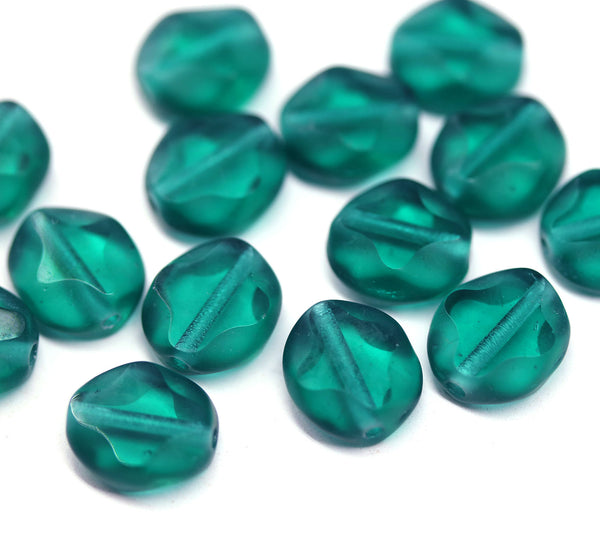 9x8mm Teal green flat oval wavy czech glass beads, 15Pc