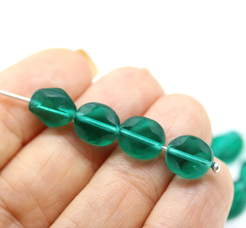 9x8mm Teal green flat oval wavy czech glass beads, 15Pc