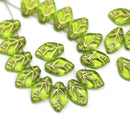 12x7mm Olive green leaf beads gold wash Czech glass, 30Pc