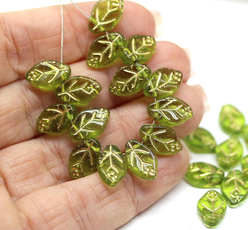 12x7mm Olive green leaf beads gold wash Czech glass, 30Pc