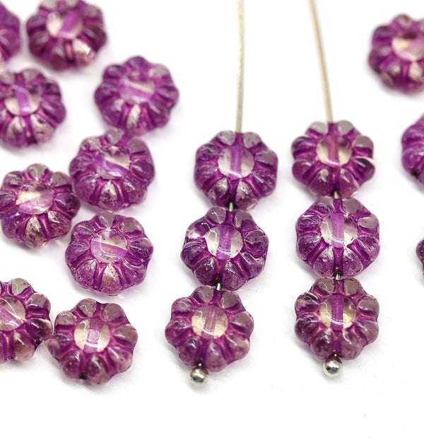 9mm Clear with dark pink wash Czech glass daisy flower beads, 20pc