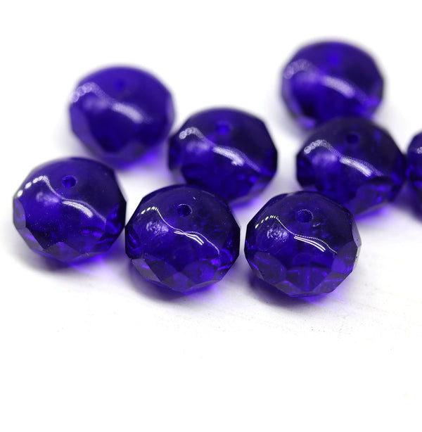 7x11mm Cobalt blue puffy rondelle Czech glass beads fire polished, 8pc