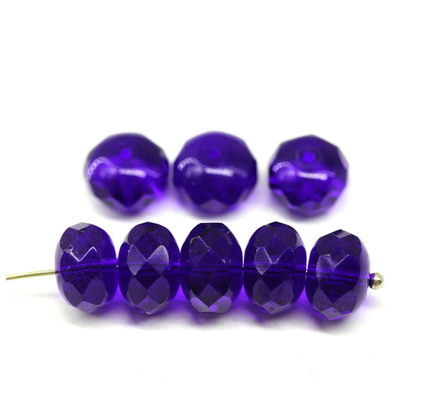 7x11mm Cobalt blue puffy rondelle Czech glass beads fire polished, 8pc