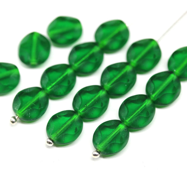 9x8mm Emerald green flat oval wavy czech glass beads, 15Pc