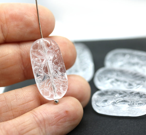 25x12mm Large oval clear flat czech glass beads with ornament - 6pc