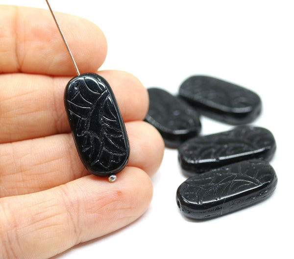 25x12mm Large oval black flat czech glass beads with ornament - 6pc