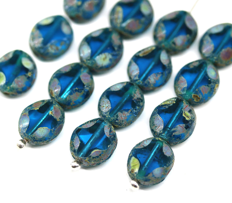 9x8mm Aquamarine blue flat oval wavy czech glass beads, picasso finish - 15Pc