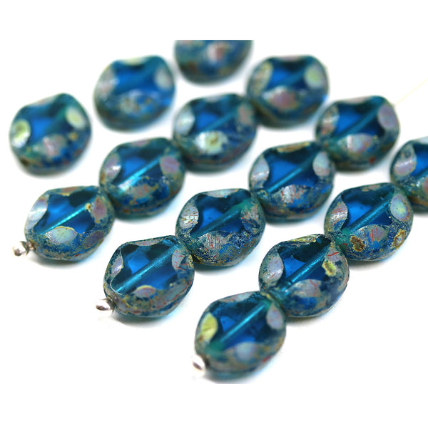 9x8mm Aquamarine blue flat oval wavy czech glass beads, picasso finish - 15Pc