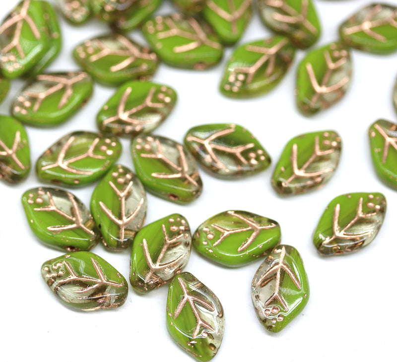 12x7mm Green mixed color leaf beads gold wash Czech glass - 40Pc