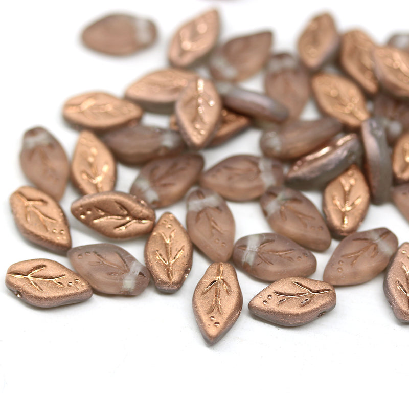 10x6mm Frosted glass light copper small leaf glass beads, 40Pc