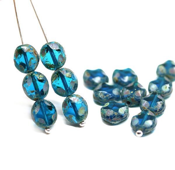 9x8mm Aquamarine blue flat oval wavy czech glass beads, picasso finish - 15Pc