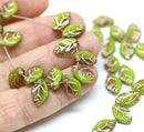 12x7mm Green mixed color leaf beads gold wash Czech glass - 40Pc