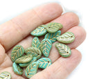 14x9mm Turquoise Czech glass leaves, gold wash, 15pc