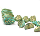 14x9mm Turquoise Czech glass leaves, gold wash, 15pc