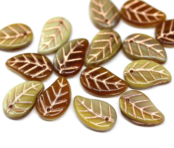 14x9mm Brown beige Czech glass leaves, copper wash, 15pc