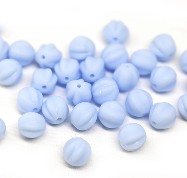 6mm Frosted blue periwinkle round melon shape czech glass beads - 30Pc