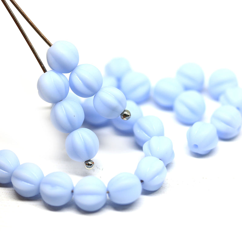 6mm Frosted blue periwinkle round melon shape czech glass beads - 30Pc