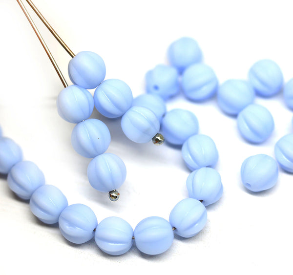 6mm Frosted blue periwinkle round melon shape czech glass beads - 30Pc