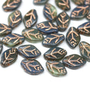 12x7mm Blue gray leaf beads copper inlays Czech glass pressed, 30Pc