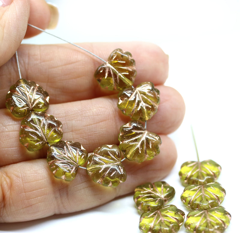 11x13mm Light olive green maple glass leaves, copper inlays - 15pc