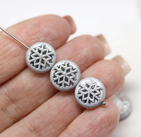Silver frosted glass snowflake beads - 6pc