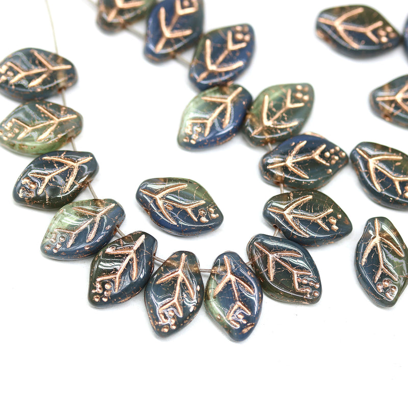 12x7mm Blue gray leaf beads copper inlays Czech glass pressed, 30Pc
