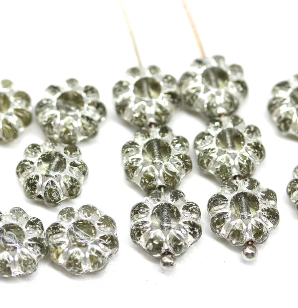 9mm Gray with silver wash Czech glass daisy flower beads, 20pc