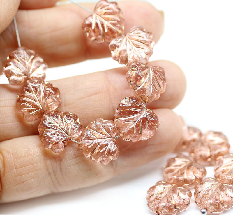 11x13mm Light pink maple czech glass leaf beads copper wash - 15pc