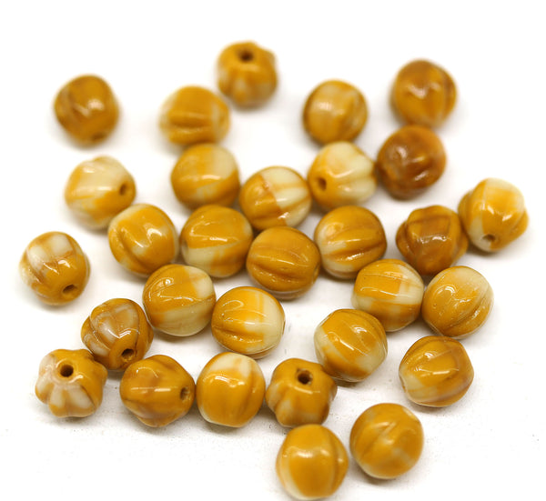 6mm Yellow beige mixed color round melon shape czech glass beads - 30Pc