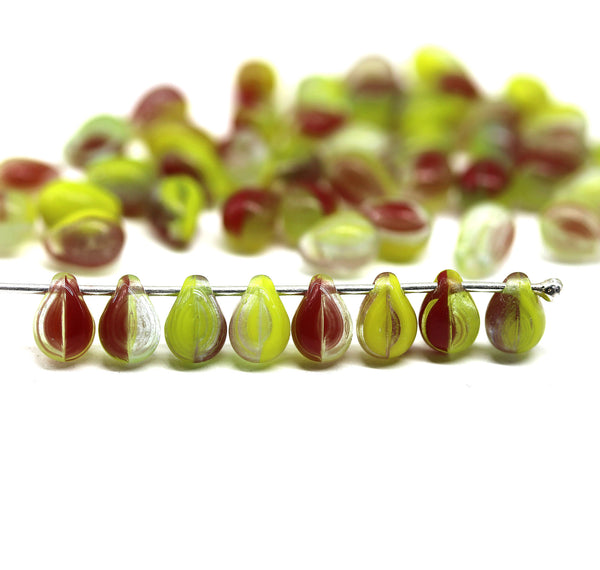5x7mm Yellow red teardrops czech glass beads, 50pc