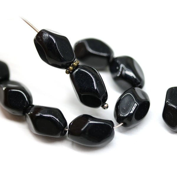 13x9mm Jet black twisted czech glass barrel bead, 10Pc