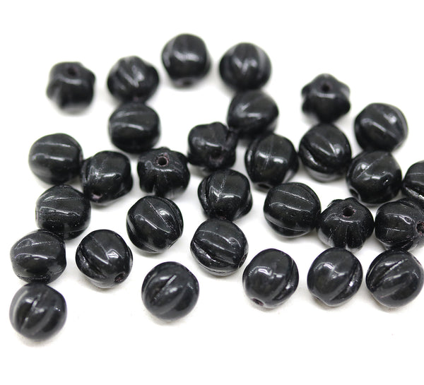 6mm Black round melon shape czech glass beads - 30Pc