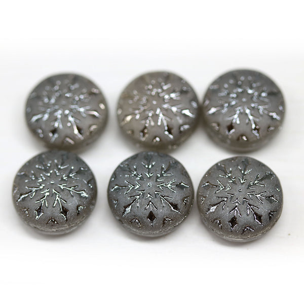 Dark gray glass snowflake beads - 6pc