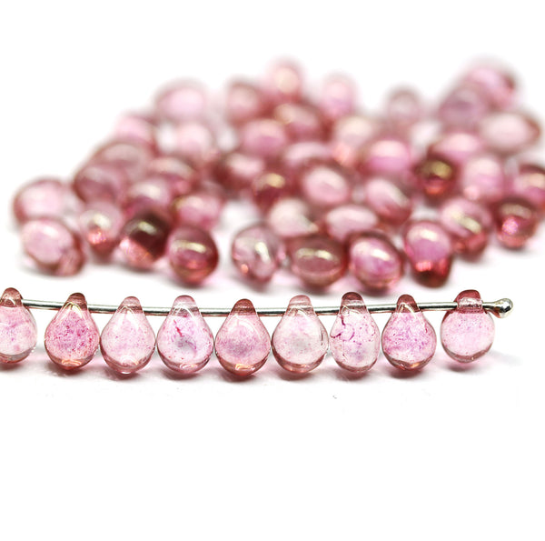 5x7mm Pink czech glass teardrop beads, goldish luster, 50pc