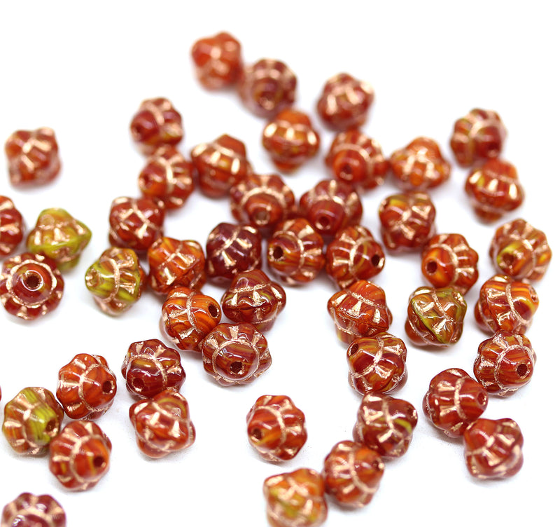 6mm Red fancy small bicone beads Golden inlays 50pc