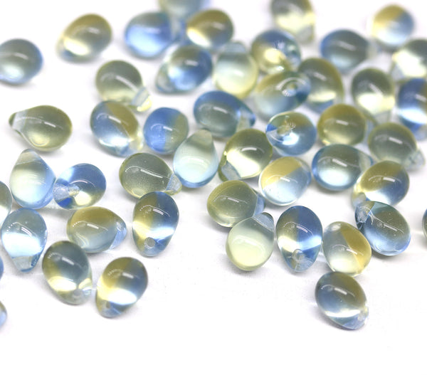 5x7mm Light blue yellow glass drops, czech teardrop beads, 50pc