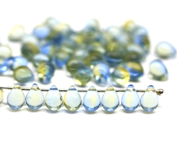 5x7mm Light blue yellow glass drops, czech teardrop beads, 50pc