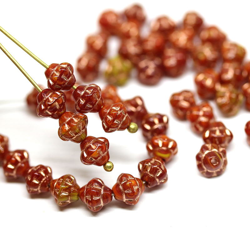 6mm Red fancy small bicone beads Golden inlays 50pc
