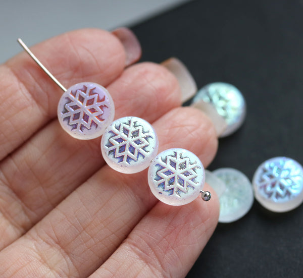Frosted clear glass snowflake beads AB finish - 6pc