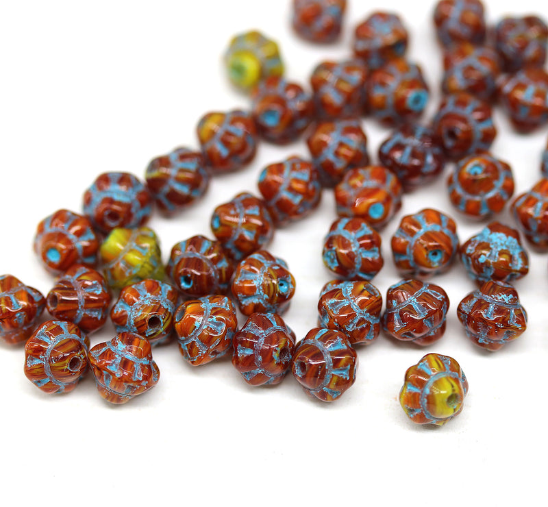 6mm Red fancy small bicone beads Blue inlays 50pc