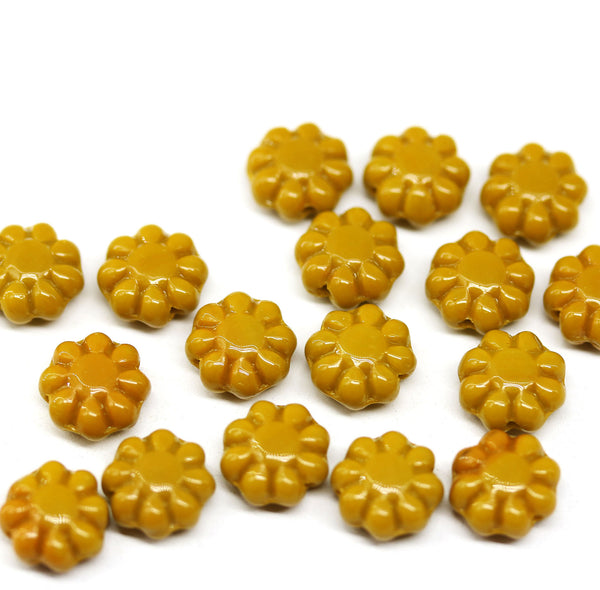 9mm Dark ocher yellow flower beads Czech glass daisy - 20Pc