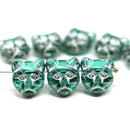 11mm Teal cat head beads, silver inlays Czech glass - 8pc